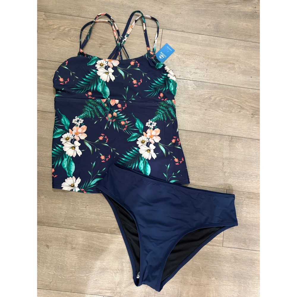 Cupshe Navy Floral Tankini Set High Waisted Two Piece Swimsuit Size M